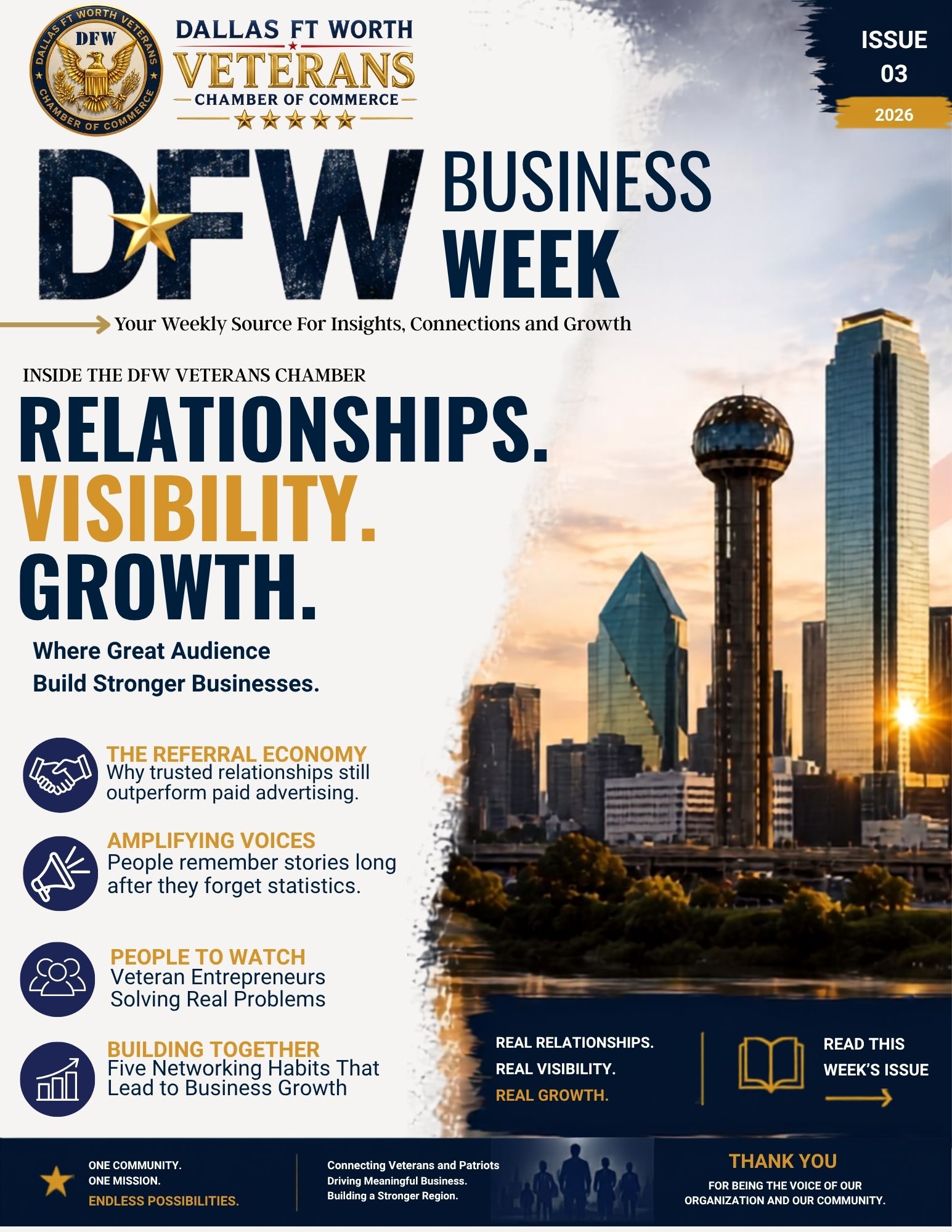 DFW Business Week, Issue 3 cover: the headline Relationships. Visibility. Growth. beside the Dallas skyline, with The Referral Economy leading the contents