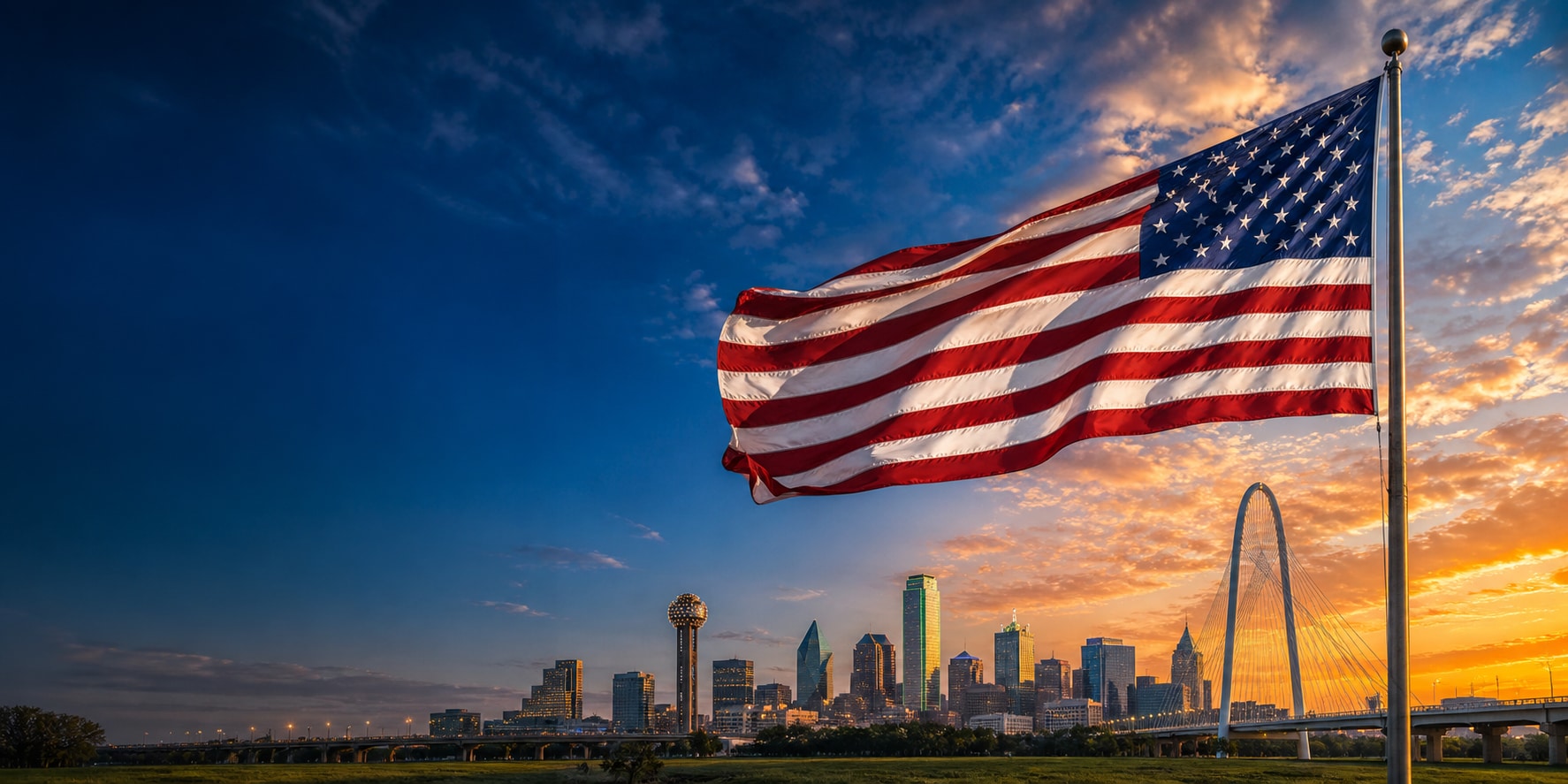 An American flag flying above the Dallas skyline and Margaret Hunt Hill Bridge at a bright golden sunset